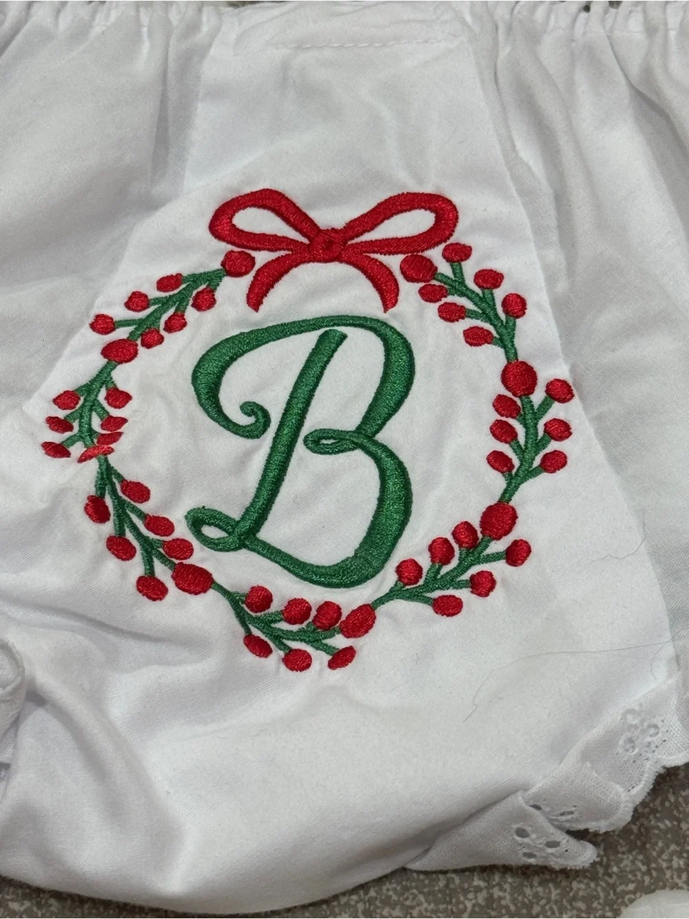 B Monogrammed bloomers eyelet diaper cover embroidered floral Christmas toddler